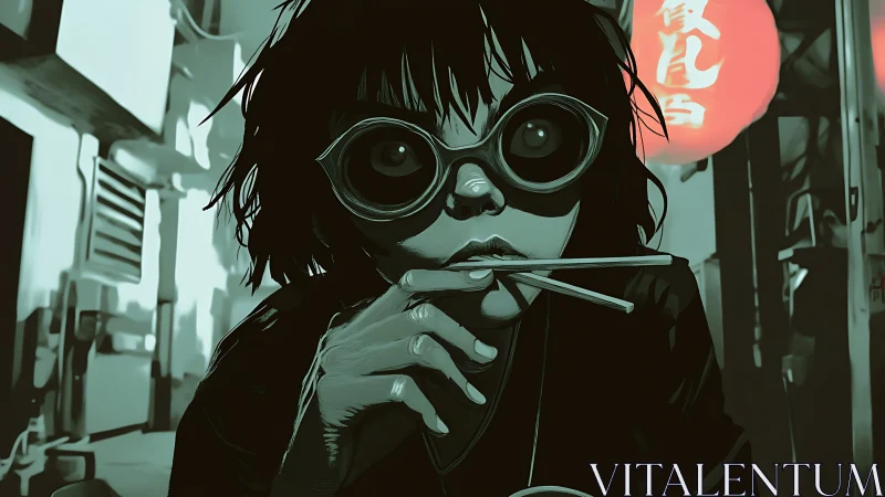 Nocturnal noodle dreamer beneath red neon lantern haze.