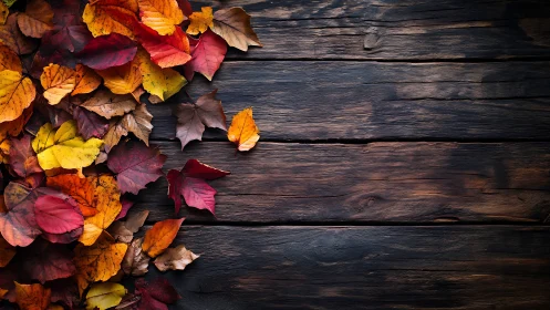 Autumn leaves form vivid border on dark weathered wood table