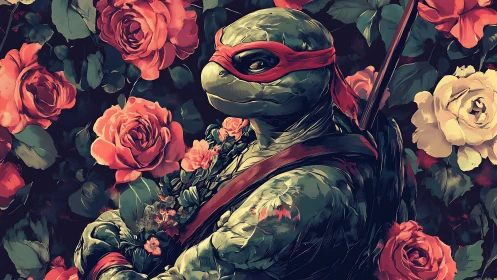 Mutant turtle warrior amid stylized roses in painterly bloom.