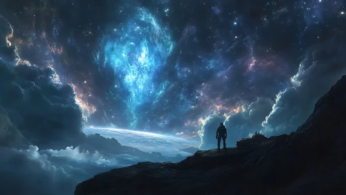 Lone astronaut studies luminous galactic storm horizon