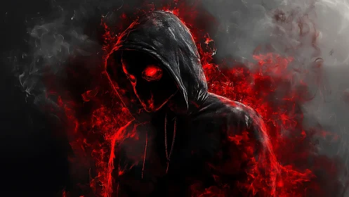 Hooded dark figure with glowing red eyes in smoke and fire.