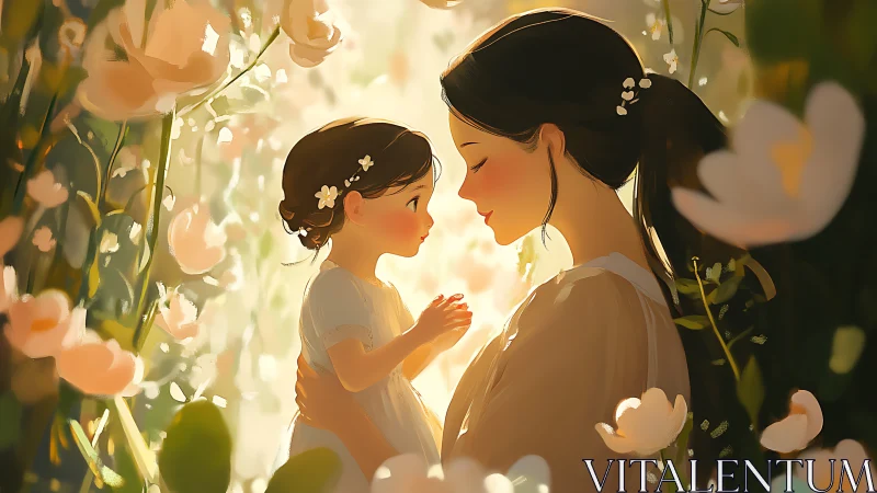 Mother and daughter in golden-hour floral garden with soft backlighting.