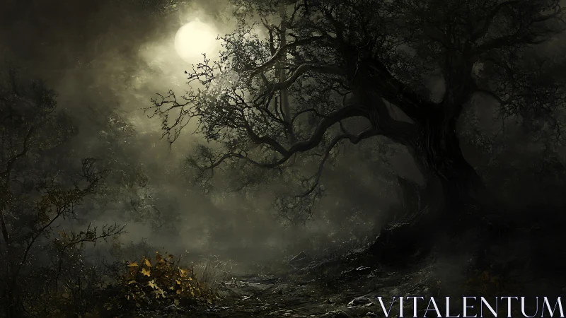 Moonlit twisted tree looms over a fog-drenched forest path