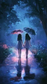 Backlit girls under umbrellas walk through neon-lit rain path