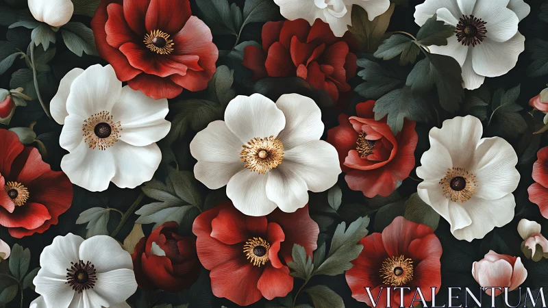 Crimson Blooms Dance: Red and Ivory Peonies on Obsidian.