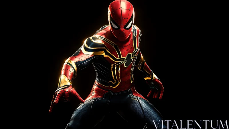 Spider-themed superhero crouches in glowing armored suit