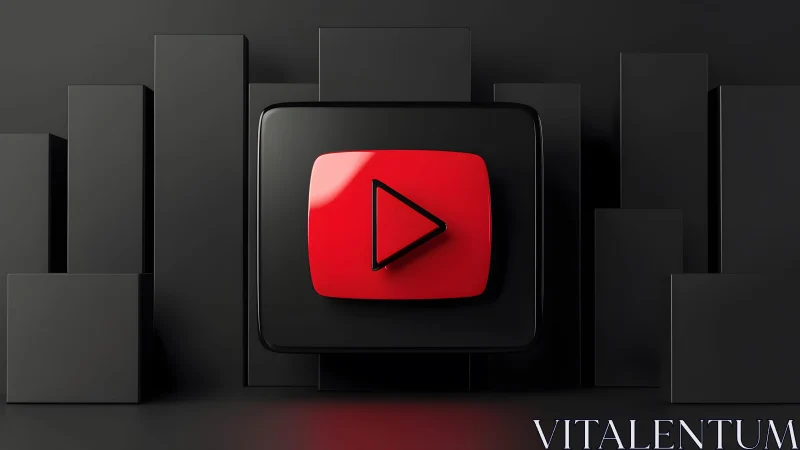 3D YouTube Play Button Icon on Abstract Black Geometric Background.