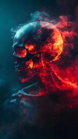 Flaming spectral skull in cinematic 3D side-profile composition.