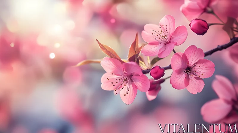Pink Cherry Blossoms on Branch with Soft Focus Background