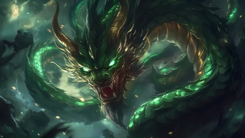 Emerald storm dragon coils through dark mythic tempest.
