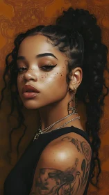 Golden glow portrait with freckles, ink, and quiet fire.