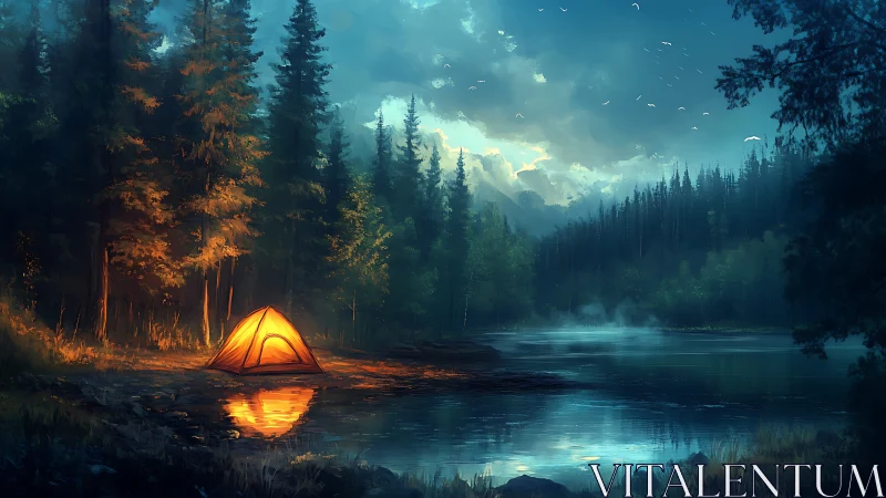 Lone orange tent glows beside misty forest lake at dusk