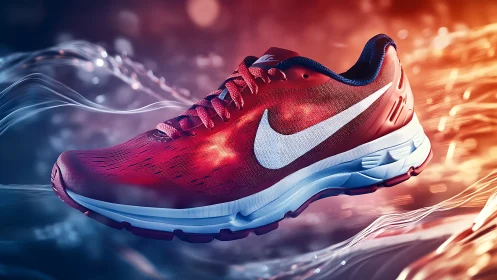 Red running shoe floats over dynamic light streaks