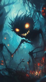 Glowing eyed shadow creature in misty blue forest scene.