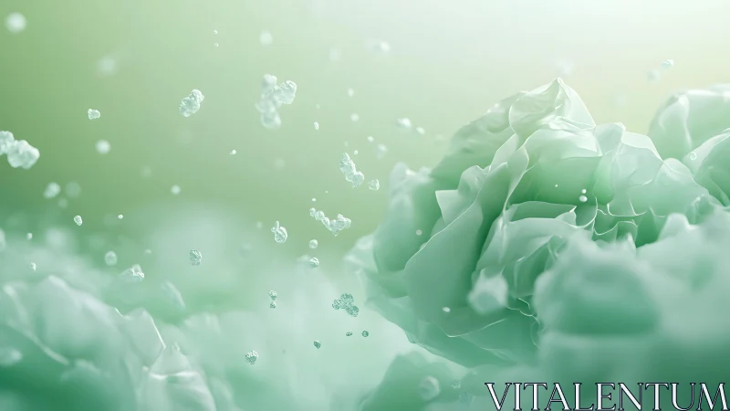 Dreamy Green Floral Abstraction with Floating Petals and Mist.