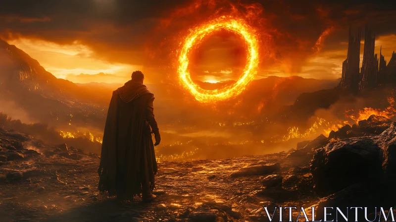 Cloaked figure facing fiery ring over volcanic landscape.