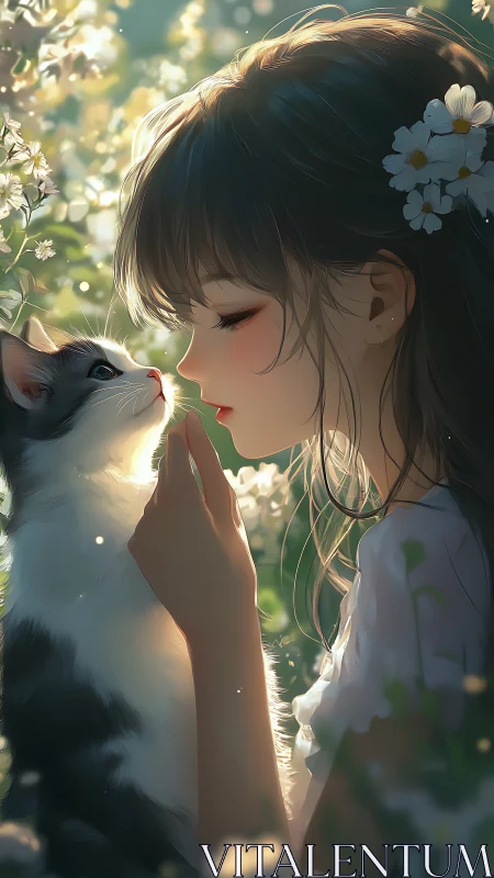 Backlit anime girl and cat in shallow-depth floral environment