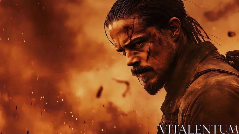 Battle-worn man stares intensely amid orange fiery smoke