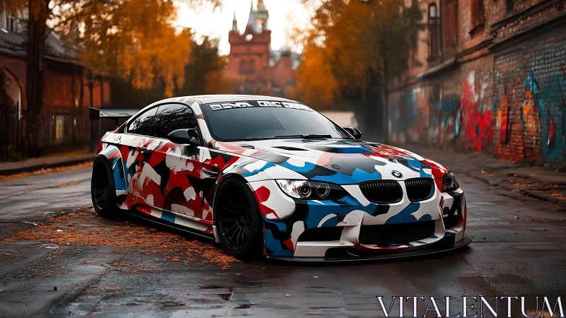 Street-tuned BMW coupe prowls a moody autumn city alley