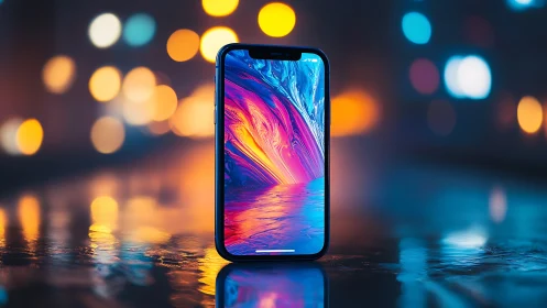 Smartphone stands upright on wet reflective surface at night