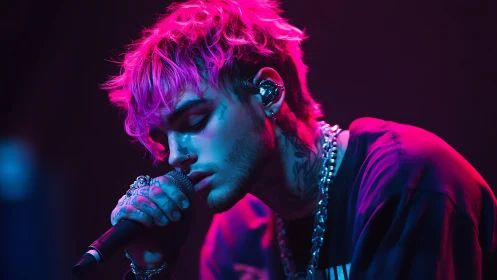 Neon-lit vocalist captured in intimate cyberpunk stage portrait