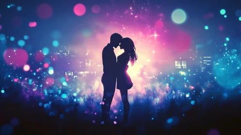 Neon-Lit Urban Romance: Silhouetted Couple Embracing Against Glowing Cityscape