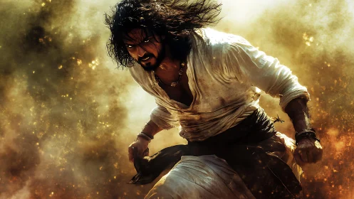 Battle-hardened warrior lunging through blazing dust storm.