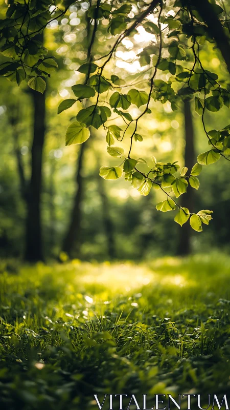 Dappled sunlight through spring foliage canopy