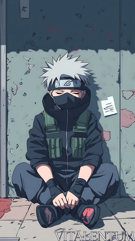 Masked anime ninja sits against cracked concrete wall