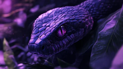 Mystical purple serpent gazes calmly through soft jungle light