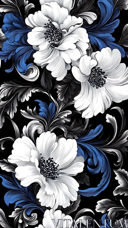 Ornamental Floral Pattern: White Blooms with Cobalt Accents.