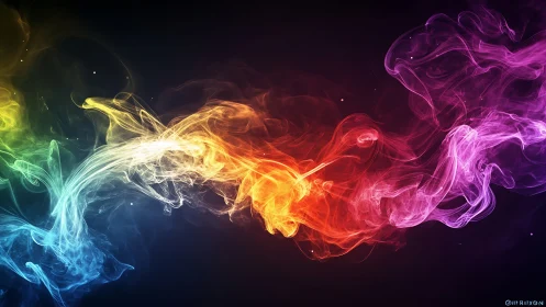 Vivid rainbow smoke stream flows across dark gradient space