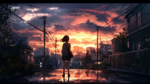 Backlit schoolgirl in rainy urban street at blazing sunset