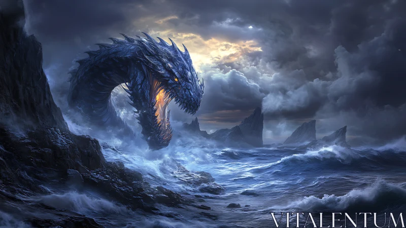 Sea dragon rises through storm-torn ocean cliffs at dusk.
