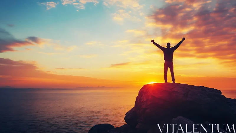Silhouetted figure stands on coastal cliff against saturated sunset