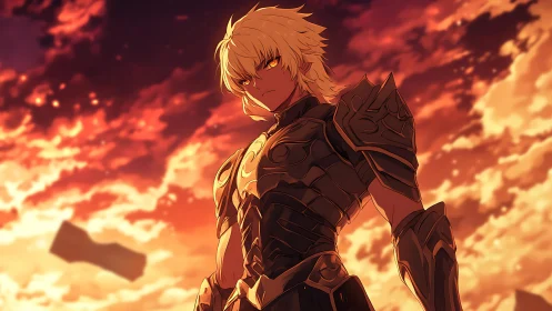 Armored blonde warrior against blazing sunset sky backdrop