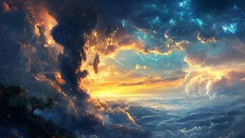 Volumetric nebula sky merges with sunset-lit cloud ocean horizon