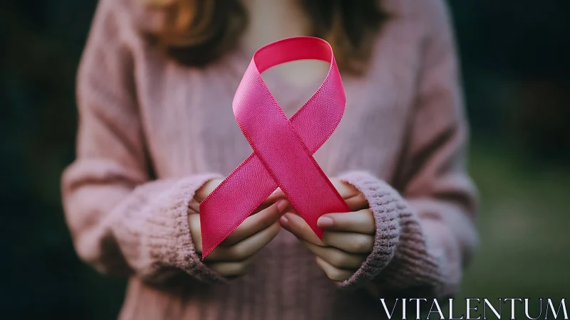 Woman holding pink breast cancer awareness ribbon, soft focus style.