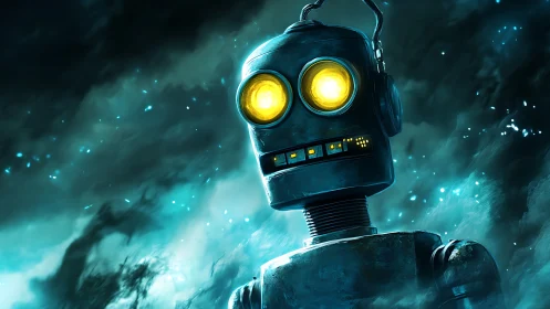 Blue-lit retro robot portrait with glowing yellow optics