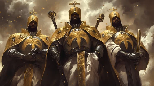 Golden-armored paladins stand beneath storm-filled sky