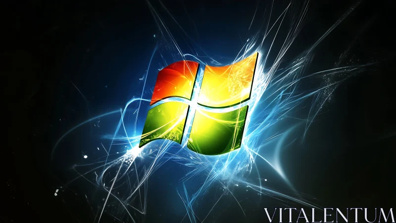 Windows logo with abstract blue light burst background.