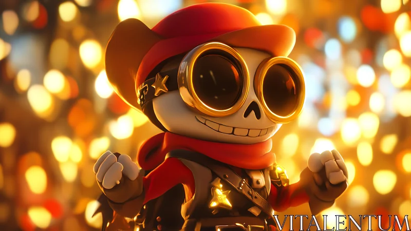 3D chibi skeleton adventurer with luminous bokeh backdrop.