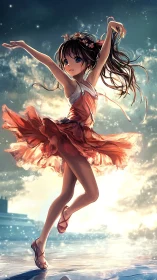 Skylit ballet girl swirling through dream-bright waves.