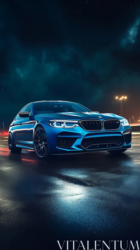 Blue BMW sports sedan parked on wet asphalt at night