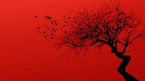 Silhouette of Windswept Tree with Flying Leaves on Red Background.