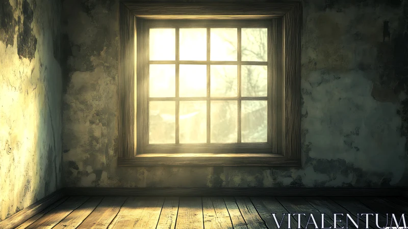 Sunlit rustic window casts warmth into an empty room.