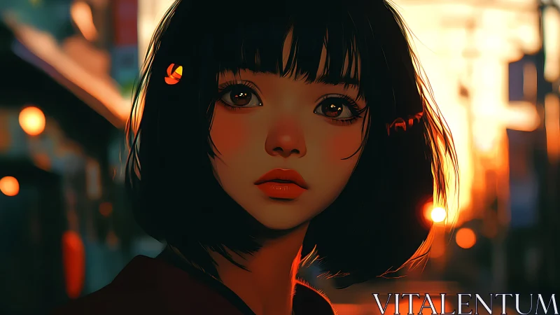 Digital portrait of girl at sunset on blurred city street.