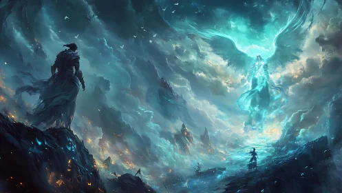 Celestial guardian confronts lone warriors in stormlit abyss.