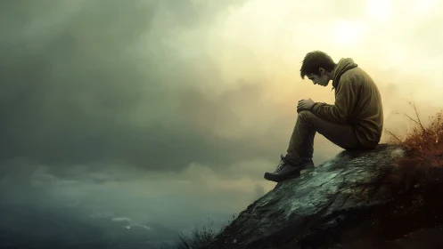 Solitude on the storm-edge rock, cradled by silent sky.