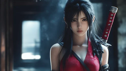 Midnight-eyed katana heroine in ruined corridor light.